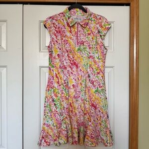 Ibkül Cats Pink Yellow White Floral  Sleeveless Pocket Athletic Golf Dress Sz M